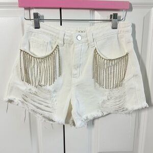 POL White Distressed Rhinestone Fringe Denim Shorts - Small